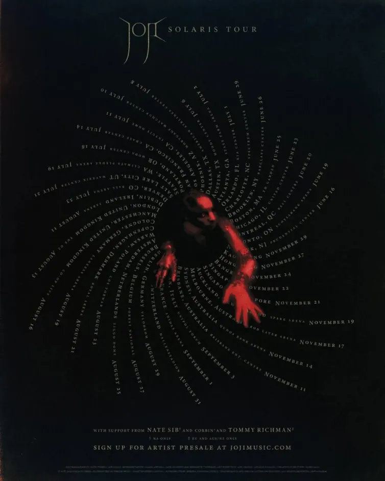 Joji SOLARIS Tour poster: a figure at the centre of a red spiral of tour dates on a black ground