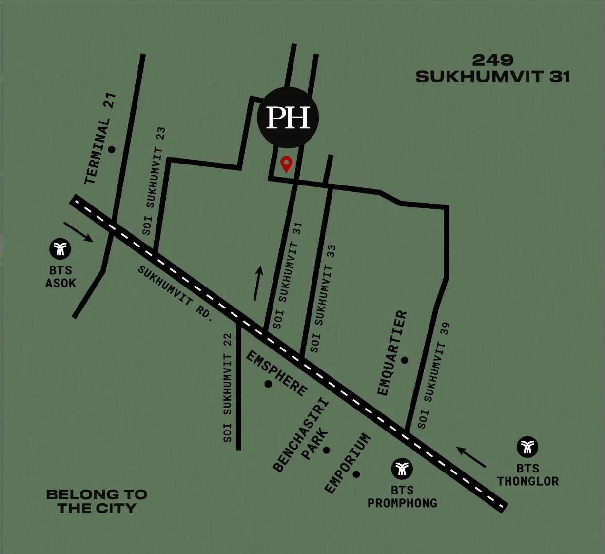 Illustrated map of Sukhumvit, Bangkok showing Public House Bangkok at 249 Soi Sukhumvit 31 in Phrom Phong, with BTS Asok, BTS Phrom Phong and BTS Thonglor, Terminal 21, EmSphere, Emporium, EmQuartier and Benchasiri Park marked along Sukhumvit Road.