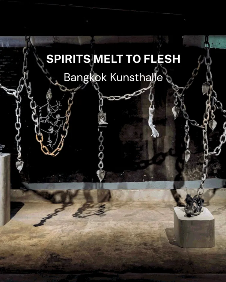 Spirits Melt to Flesh title card: hanging chains and cast hands in the former warehouse at Bangkok Kunsthalle