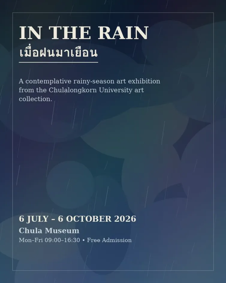 In the Rain poster: rain falling across a deep blue ground, with the exhibition dates and the Chula Museum opening hours