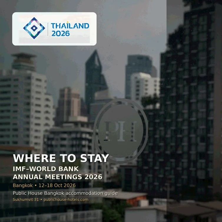 Where to Stay for the IMF–World Bank Annual Meetings 2026 poster: the Bangkok skyline under the Thailand 2026 mark